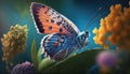 Beautiful spring background with bright blue, orange butterfly sitting on flower leaf on nature background. Delicate