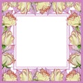 Beautiful spring border made of fresh rose flowers and leaves with veins. Square pink frame with white background for a text.