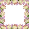 Beautiful spring border made of rose flowers and leaves with veins. Square frame with white background for a text. Royalty Free Stock Photo