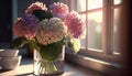 Beautiful spring bouquet of pink hortensia flowers. Hydrangea flowers in vase on table against light background. Spring Royalty Free Stock Photo