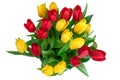 Beautiful spring bouquet of yellow and red tulips on a white background Royalty Free Stock Photo
