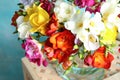 Beautiful spring bright freesia flowers on stand