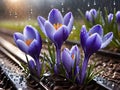 Beautiful spring crocus in the spring rain. Saffron in the garden on the lawn Royalty Free Stock Photo