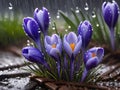 Beautiful spring crocus in the spring rain. Saffron in the garden on the lawn Royalty Free Stock Photo