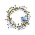 Beautiful spring floral wreath with bird, watercolor hand painted illustration. Blue hydrangea, violet lilac, willow branches Royalty Free Stock Photo