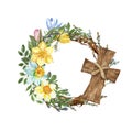 Beautiful spring floral wreath. Holiday Easter decor with hand drawn yellow flowers, green leaves, foliage, pussy willow branches