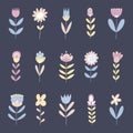 Beautiful spring flower collection with flowers, leaves, floral elements, branches. Vector icons, botanic set. Royalty Free Stock Photo