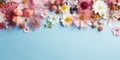 Beautiful spring flowers bouquet in pastel blue colors. Spring flowers. Copy space. Photo texture. Horizontal banner. Ai generated Royalty Free Stock Photo