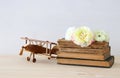 Beautiful spring flowers on the old books next to plane toy Royalty Free Stock Photo