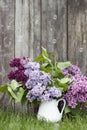 Beautiful spring flowers. purple lilac in white vase on wood old background Royalty Free Stock Photo