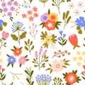 Beautiful spring flowers seamless pattern. Cute repeated plants, color cartoon flora, blooming nature, wildflowers