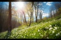Beautiful spring forest background nature with blooming glade, trees and blue sky on a sunny day. Generative AI. Royalty Free Stock Photo