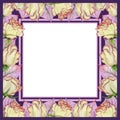 Beautiful spring frame made of rose flowers and leaves with veins. Square pink and purple frame with white background for a text. Royalty Free Stock Photo