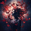 Beautiful young woman with red butterflies in her hair. Dark background Royalty Free Stock Photo