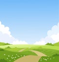Beautiful spring landscape, banner with green fields and meadows. Summer natural background with place for text, green grass, road Royalty Free Stock Photo