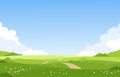 Beautiful spring landscape, banner with green fields and meadows. Summer natural background with place for text, green grass, road Royalty Free Stock Photo