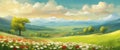 Beautiful spring landscape, blooming daisies, spring yellow, red and white flowers. Panorama of spring green fields, Royalty Free Stock Photo