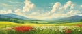 Beautiful spring landscape, blooming daisies, spring yellow, red and white flowers. Panorama of spring green fields, Royalty Free Stock Photo