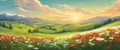 Beautiful spring landscape, blooming daisies, spring yellow, red and white flowers. Panorama of spring green fields, Royalty Free Stock Photo