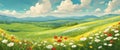 Beautiful spring landscape, blooming daisies, spring yellow, red and white flowers. Panorama of spring green fields, Royalty Free Stock Photo