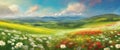 Beautiful spring landscape, blooming daisies, spring yellow, red and white flowers. Panorama of spring green fields, Royalty Free Stock Photo