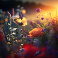 Beautiful spring landscape with blooming flowers on meadow and sunrise Royalty Free Stock Photo