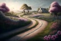 Beautiful spring landscape with blooming lavender field, road and house.