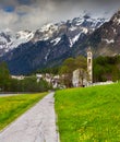 Beautiful spring landscape with church in the Swiss Alps. Royalty Free Stock Photo