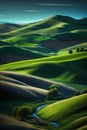 Beautiful spring landscape with green hills and river. Tuscany, Italy