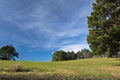 Beautiful spring landscape green meadow trees and blue sky background Royalty Free Stock Photo