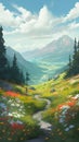 Beautiful spring landscape with mountains, meadow and flowers. Digital painting.