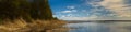 Beautiful spring landscape. picturesque wide panoramic view of a large lake with coastal trees and dry reeds in shallow water Royalty Free Stock Photo