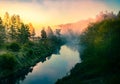 A beautiful spring landscape of a river valley with morning mist. Springtime scenery of a river flowing through the forest. Royalty Free Stock Photo