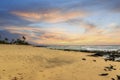 a beautiful spring landscape at Sandy Beach with blue ocean water, silky brown sand, people relaxing, palm trees in Honolulu Royalty Free Stock Photo