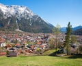 Beautiful spring landscape spa town mittenwald and karwendel mountains with snow, upper bavaria