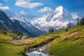 Beautiful spring landscape in the swiss alps, Switzerland, Idyllic mountain landscape in the Alps with blooming meadows in Royalty Free Stock Photo