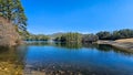 A beautiful spring landscape at Unicoi Lake with rippling blue water and lush green trees, grass and plants at Unicoi State Park Royalty Free Stock Photo