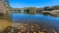 A beautiful spring landscape at Unicoi Lake with rippling blue water and lush green trees, grass and plants at Unicoi State Park Royalty Free Stock Photo