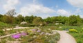 Beautiful spring landscape with walkways and benches, Westpark Munich