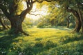 Beautiful spring meadow with yellow flowers and big old oak tree Royalty Free Stock Photo
