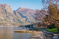 Beautiful spring Mediterranean landscape. Montenegro,Kotor Bay. View of Prcanj town with flowering Paulownia tree