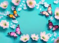 Beautiful spring nature background with butterfly lovely blossom petal a on turquoise blue. Generative AI