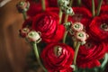 Beautiful spring red and green buttercup ranunculus bouquet of flowers on a wood background soft macro Royalty Free Stock Photo