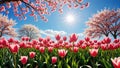 Beautiful spring scene with blooming tulips and cherry blossoms under a bright sun Royalty Free Stock Photo