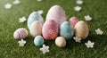 Pastel Easter eggs rest gently on green spring grass Royalty Free Stock Photo