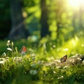 Beautiful spring, summer background nature with blooming wildflowers, wild flowers in grass and two butterflies soaring in nature Royalty Free Stock Photo