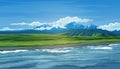 Beautiful spring or summer landscape with an blue sky, river,green valley, forest, mountains, clouds and snow peaks on Royalty Free Stock Photo