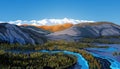 Beautiful spring or summer landscape with an blue sky, rivers, forest, mountains, clouds and snow peaks on background Royalty Free Stock Photo