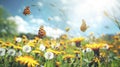 Beautiful spring-summer natural scene with a field of growing dandelions and fluttering butterflies on a clear sunny day