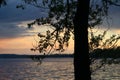 Spring sunset on the river with a beatiful sky in pastel colors and silhoettes of trees.